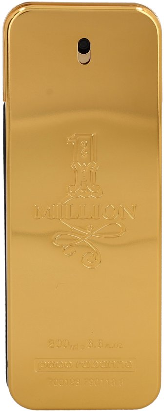 Gouden parfumflesje met gegraveerd '1 Million' logo en productinformatie.