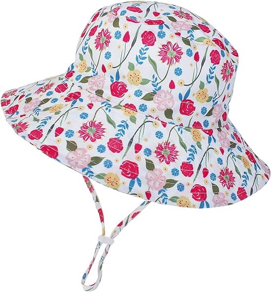 Zonnehoed voor meisjes, kinderhoed, emmerhoed, zomer, verstelbare hoed met brede rand, UV-bescherming UPF 50+, geschikt voor vakantie, reizen, buitenactiviteiten, roos, bloemen, 24 maanden