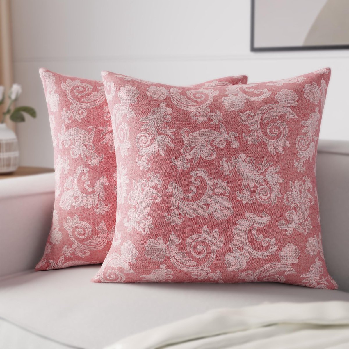 Ibenzoa Set van twee decoratieve chambray kussenhoezen met bloemenpatroon rood
