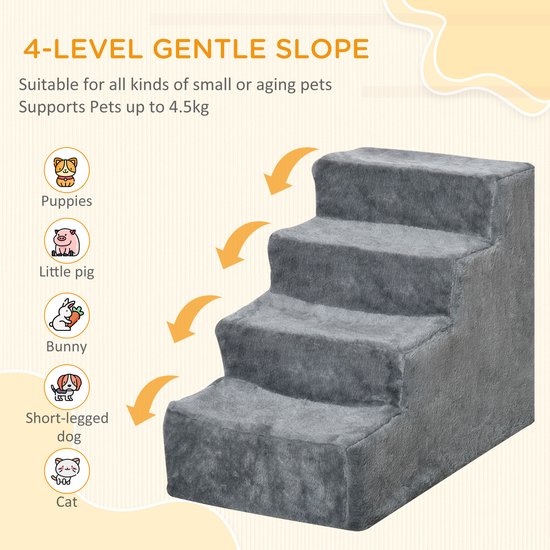 PawHut huisdierentrap, 3/4 treden in hoogte verstelbare kattentrap met slaapgrot 2 in 1 praktische hondenloopplank voor kleine honden en katten instaphulp voor hoge bedden sofa grijs 60 x 40 x 66 cm