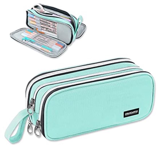 MAMUNU Etui met grote capaciteit, pennenetui, 3 vakken, voor jongens en meisjes, draagbare pennenetui, school voor studenten, volwassenen, dames, van school en kantoor, make-up, donkerblauw, 22 cm x