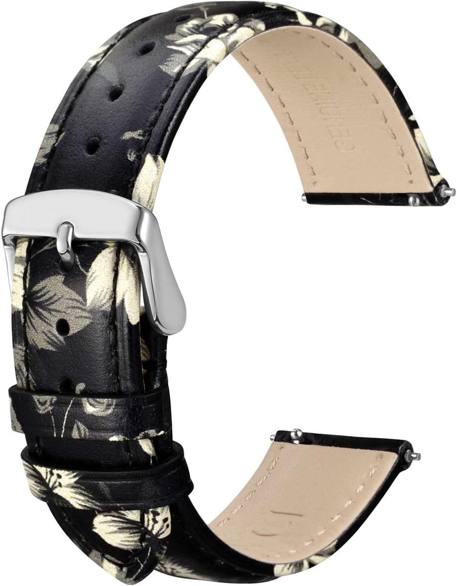 18mm Bloem Horlogeband Dames Echt Leer Snelsluiting Zilveren Gesp Zwart Patroon