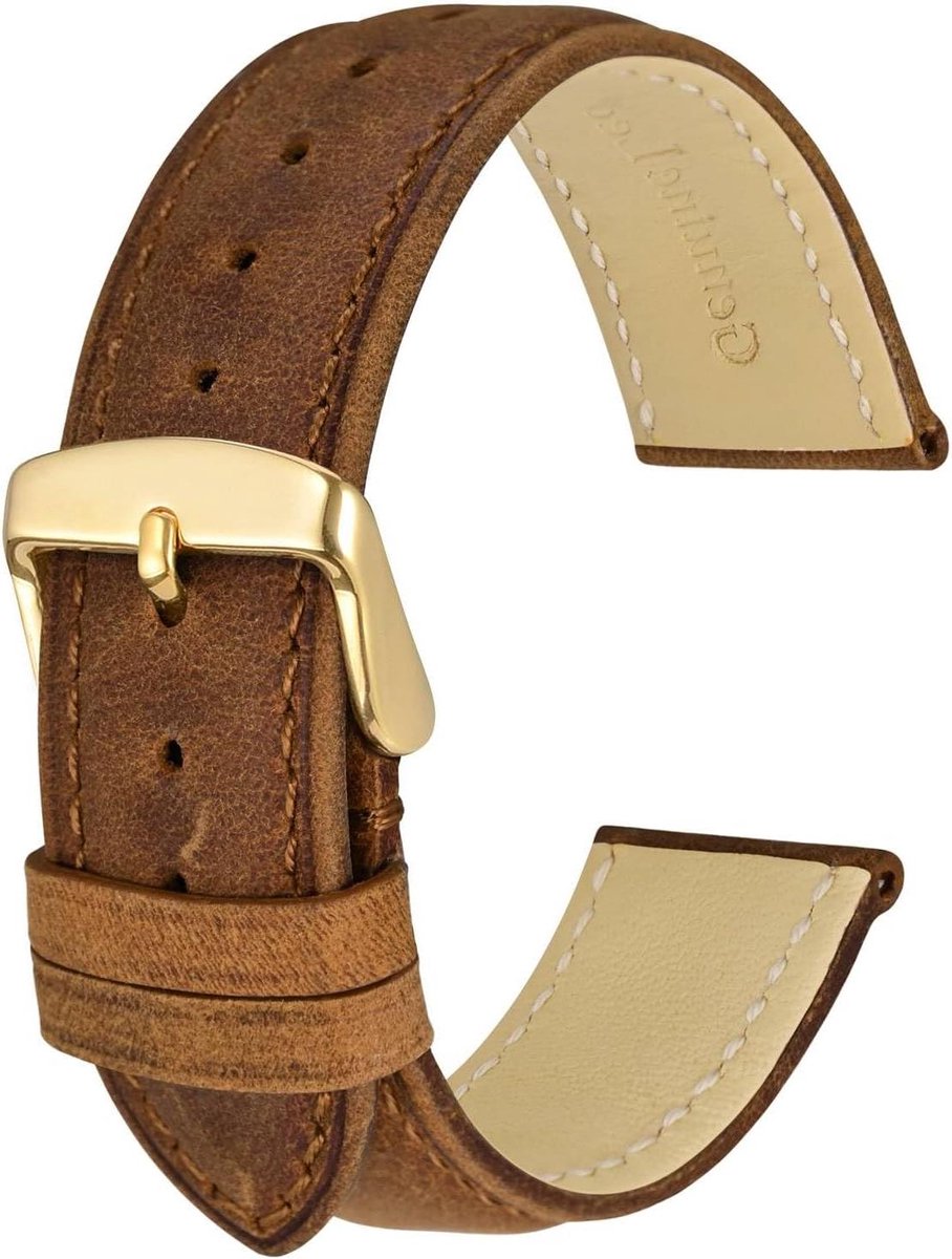 Echt leren horlogeband | Unisex | Breedtes 18mm, 19mm, 20mm, 22mm, 23mm, 24mm | Karamelbruin met gouden gesp | Retro stijl