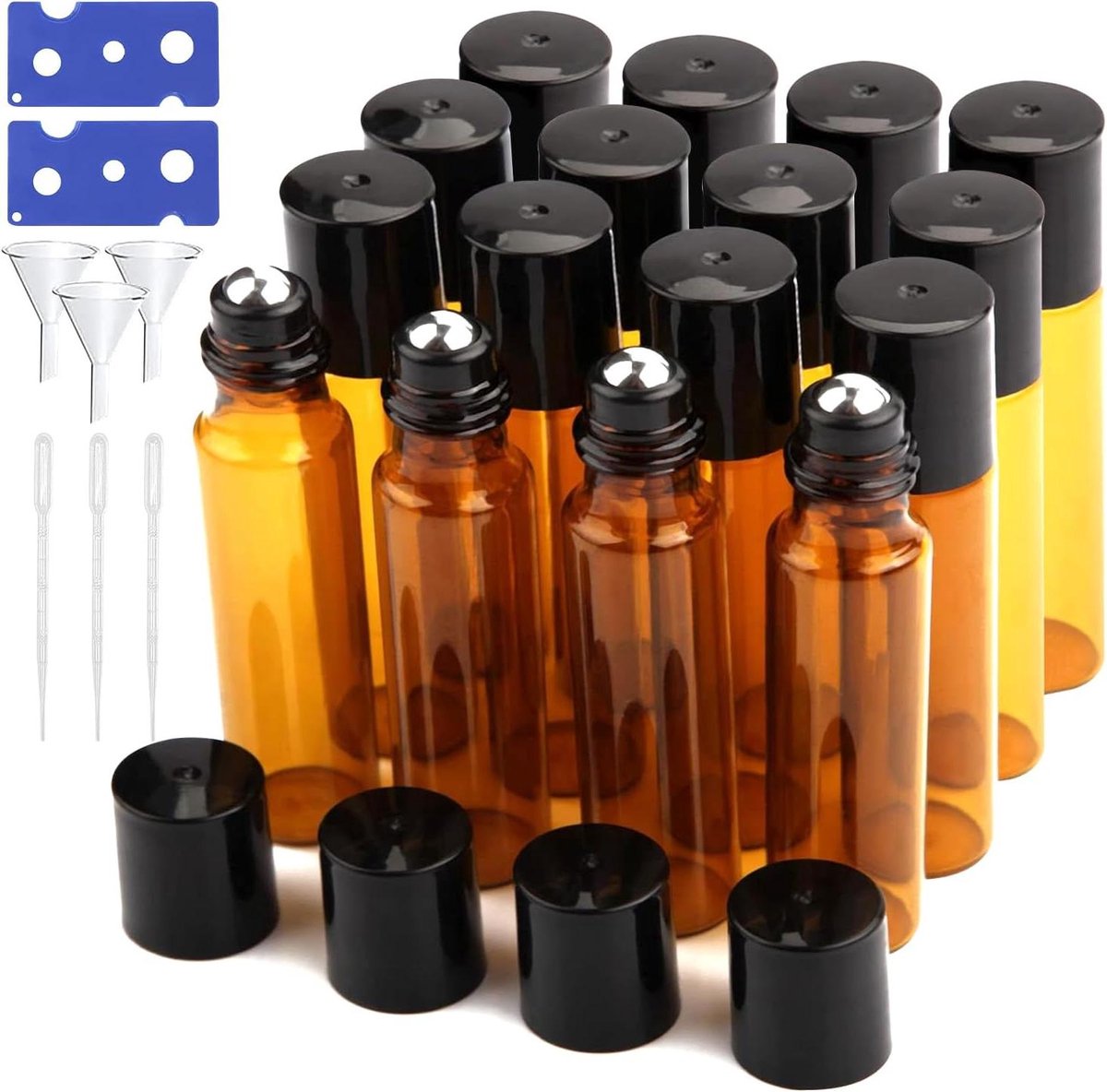 Image of 16 stuks rollerbalflessen 10 ml glas met roestvrijstalen rollerballs - Parfumfles voor massages en wellness oliën - Cosmetica dispenser