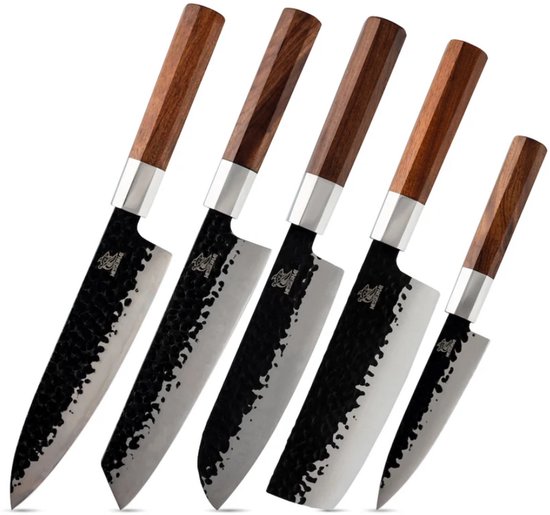 Messerhai Professionele 5-Delige Messenset Damascus Sashimi – Luxe Handgesmede Japanse Messen Set van AUS10 Damasceens Staal – Extreem Scherp Design – Ergonomische Houten Handvatten – Professionele Grill- en Koksset