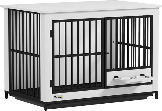 Cage pour chien PawHut en MDF et métal, dimensions (L x l x H) : 95 x 60 x 68 cm, Wit