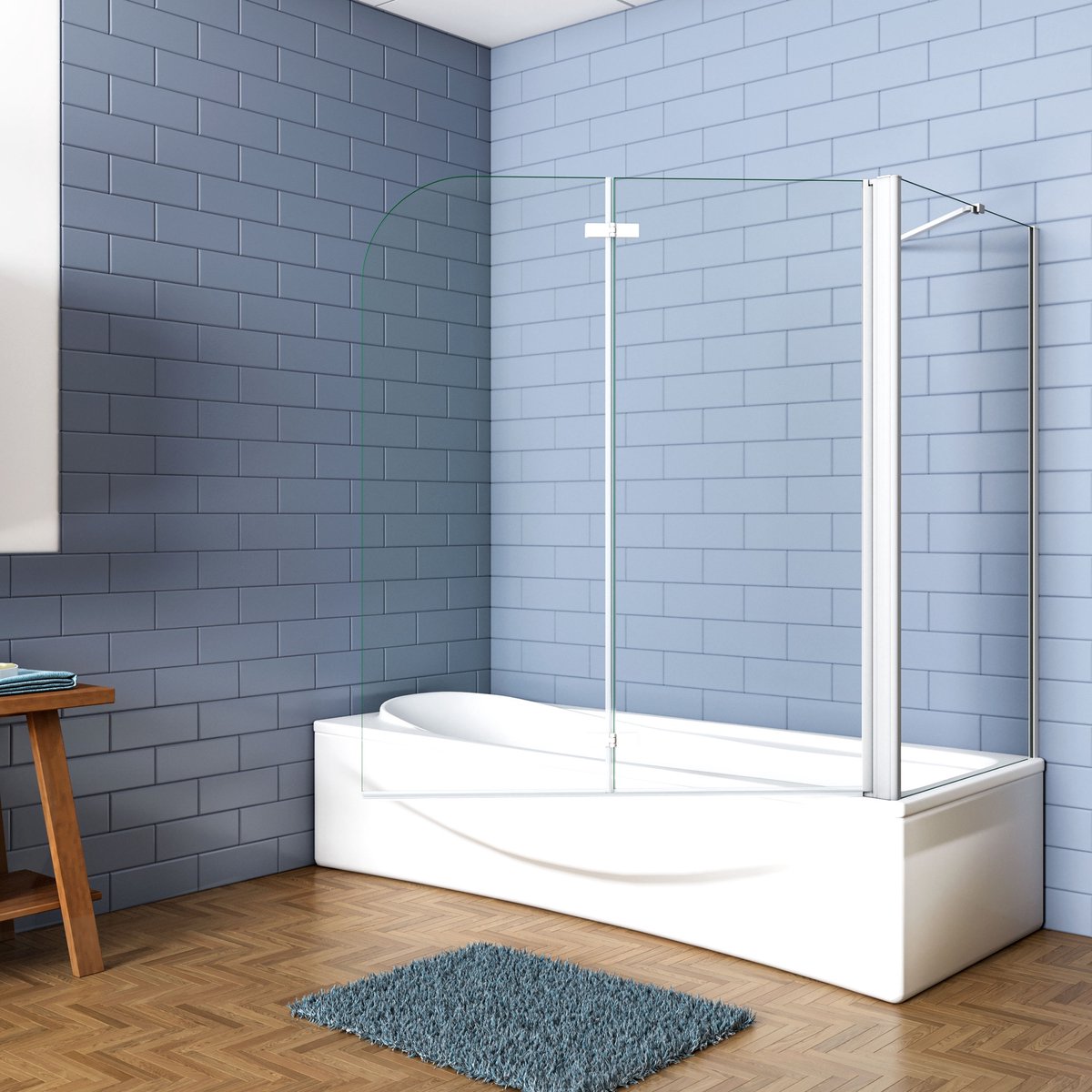 Aica Luxe Badwand 100x75x140cm,2-Delig Inklapbaar,6mm Transparant Easy Clean Gehard Glas,Grijs Frame,Eenvoudige Montage
