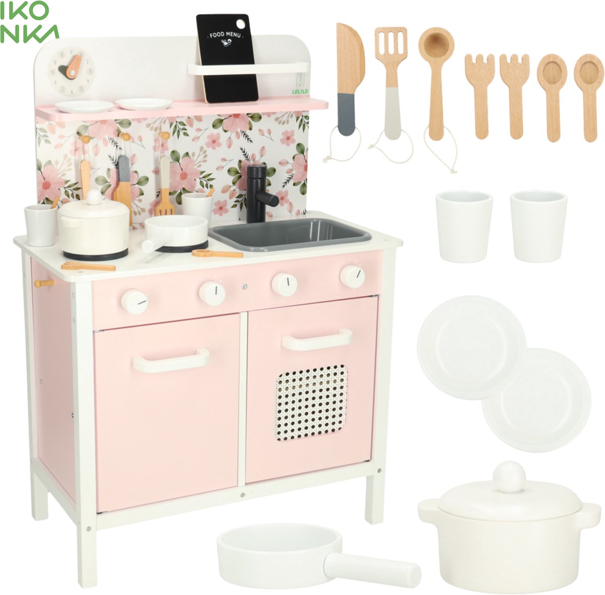FLORO LULILO Houten Kinderkeuken 3+ - Mini Keuken in Pastelroze & Wit met Oven, Kasten, Krijtbord en Keukenaccessoires - Speelkeuken - Creatief Rollenspel voor Peuters en Kleuters - Veilig en CE-Gecertificeerd - Met E-Book