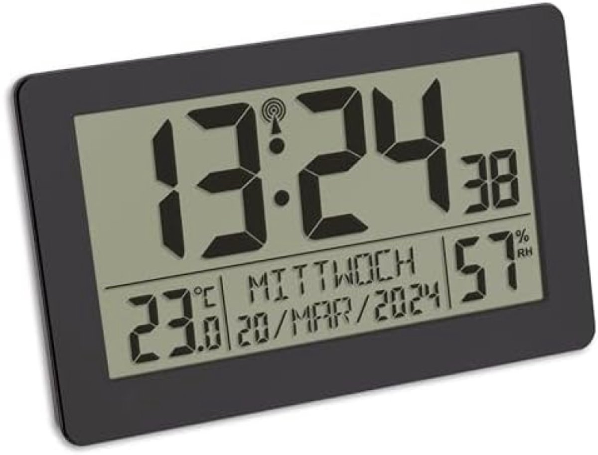Digitale zendergestuurde klok met temperatuur en luchtvochtigheid, groot display, alarm met snooze functie, datum, weekdagen, achtergrondverlichting, kunststof, zwart