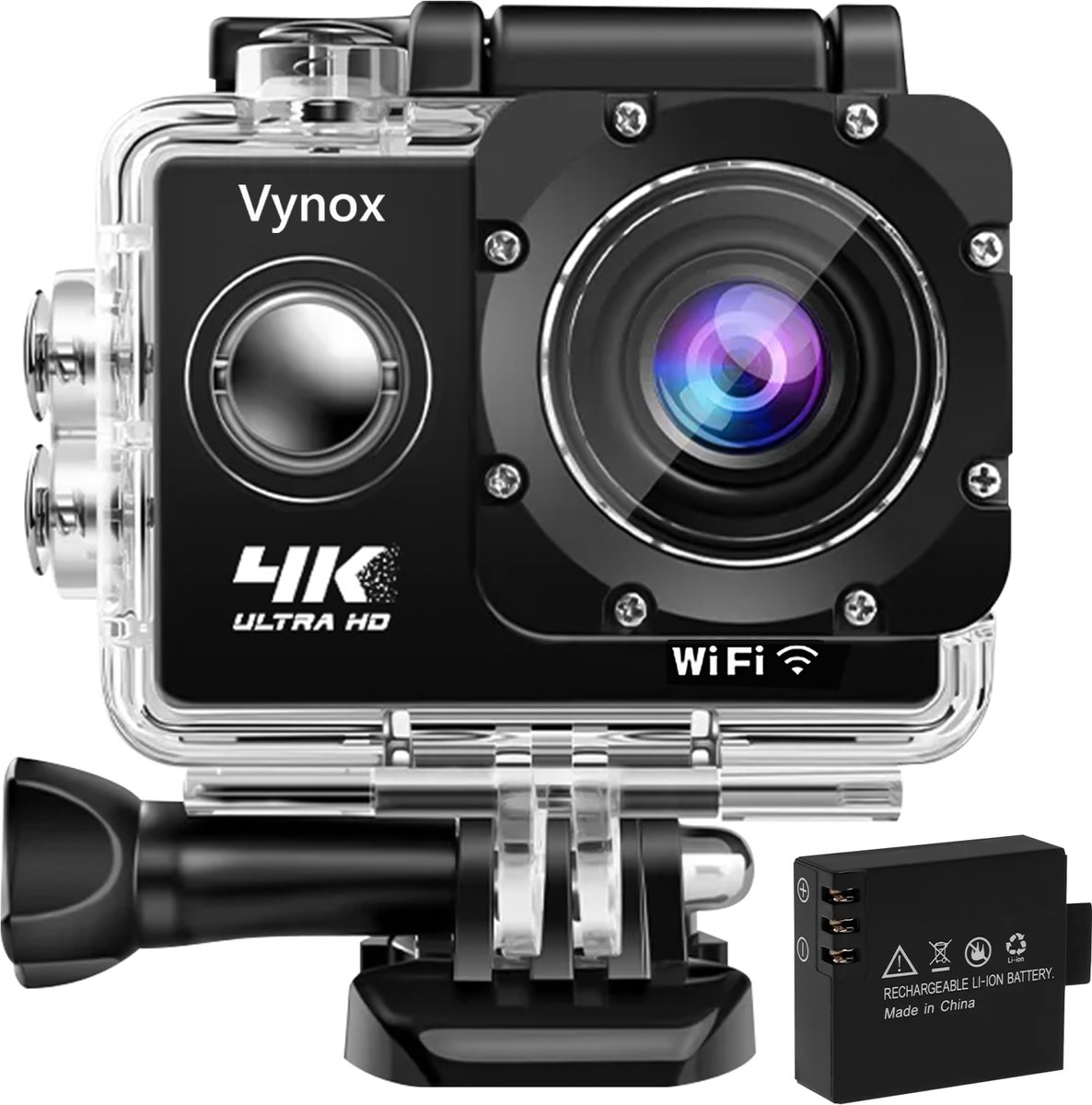 Vynox Action Camera 4K - 16MP / 30FPS / WiFi / 30M Waterdicht - Actiecamera - Onderwatercamera - Inclusief Accessoires - Gratis App