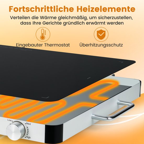 COSTWAY Elektrische warmhoudplaat, voedselwarmer met instelbare temperatuur 30 °C - 120 °C en gehard glas, warmhoudcontainer, buffetwarmer voor feestjes, buffetten (L, 61 x 42 x 4 cm) — afbeelding 4