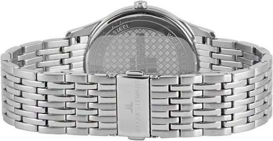 Achterkant van een zilverkleurig herenhorloge met metalen band, gezien vanaf de achterkant.