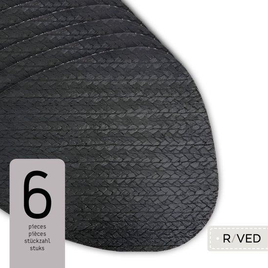 Raved Napperons Alice - Set de 6 pièces - Zwart - Aspect cuir - Plastique - Ovale - Table à manger - Sous-couche - Hydrofuge