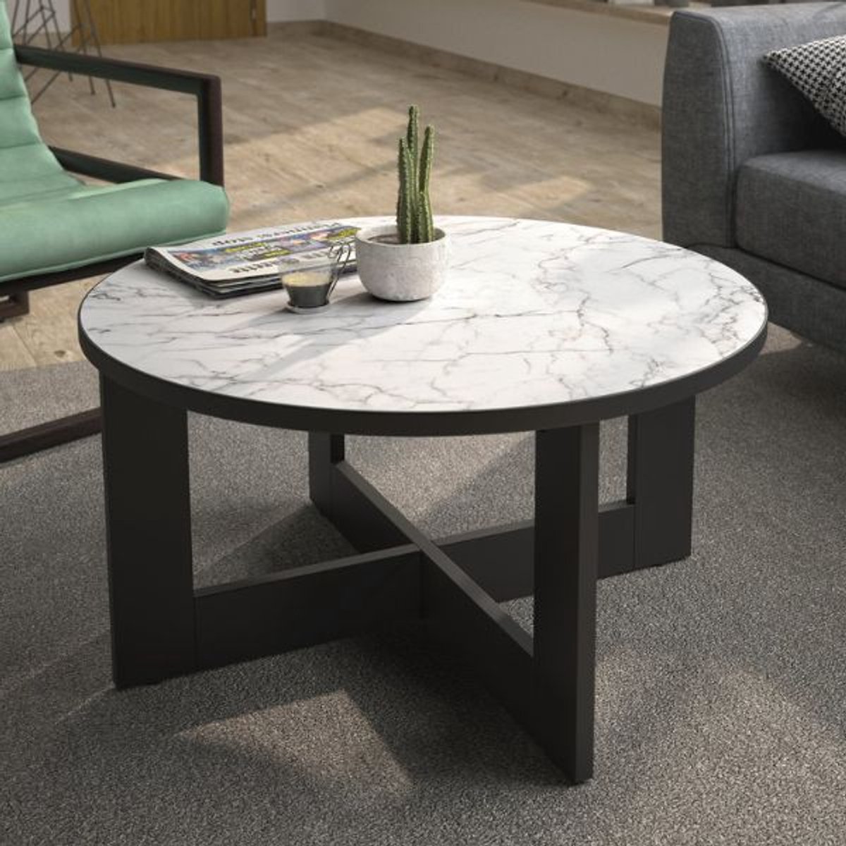 Diagone Salontafel Adria | 82 x 82 x 43 cm | Wit marmeren design - Gautier - Diagone - Ronde salontafels - Wit - MDF - Ronde salontafels