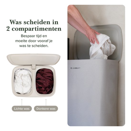 Jubbly® - Wasmand - Wassorteerder - Wasmand met Deksel - Wasmand 2 vakken - Wasmand opvouwbaar - Wasbox - 90 Liter - Beige - The Splitsmart