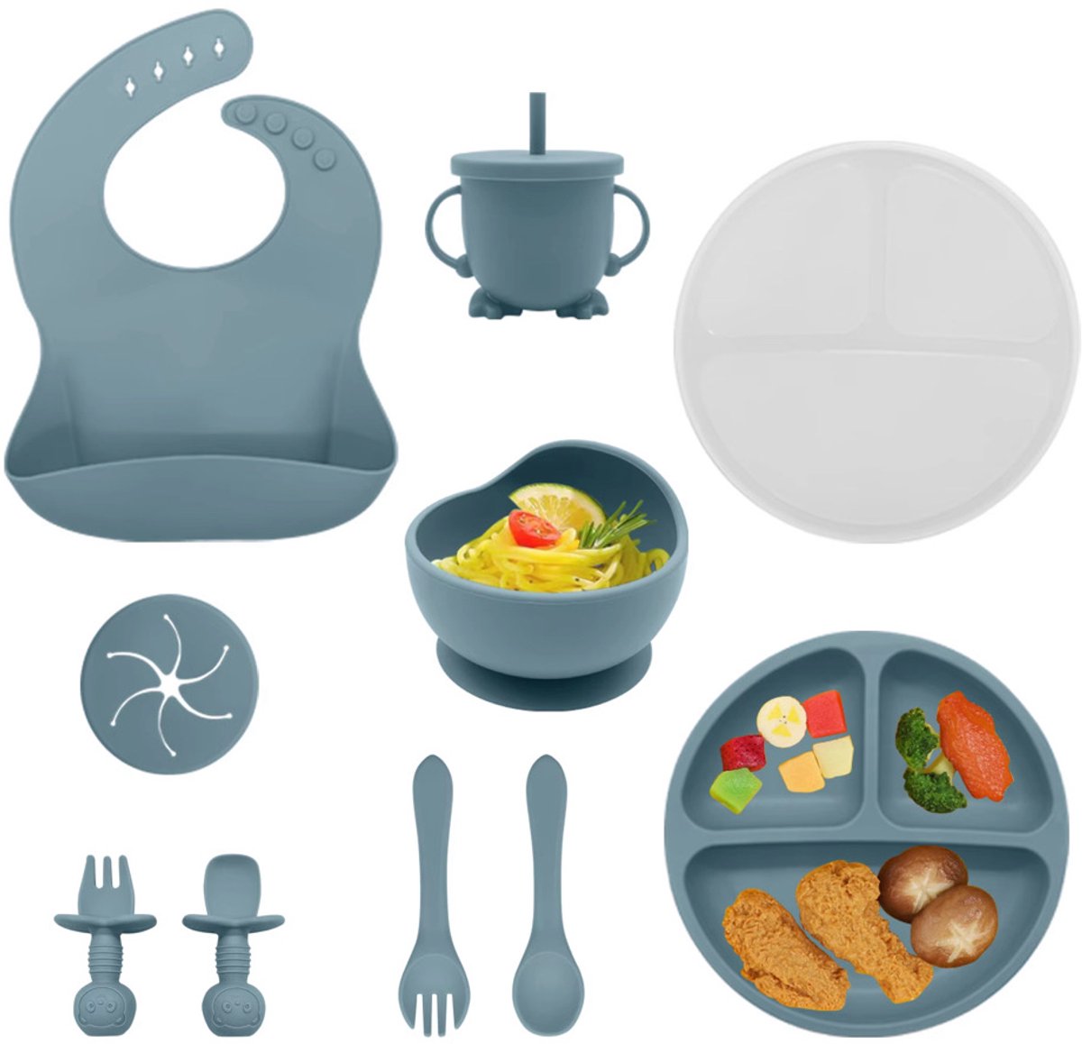 Image of 8-delig baby/kinder servies set siliconen - incl. bord en kommetje met zuignap en deksel, drinkbeker met rietje en deksel, slabbertje en twee sets baby/kinderbestek. - oven en vaatwasser bestendig - BPA vrij - blauw/blue