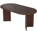 Ovale eettafel van donker hout met een moderne, rechthoekige poot aan elke kant.