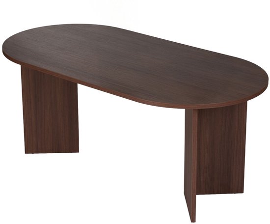 Ovale eettafel van donker hout met een moderne, rechthoekige poot aan elke kant.