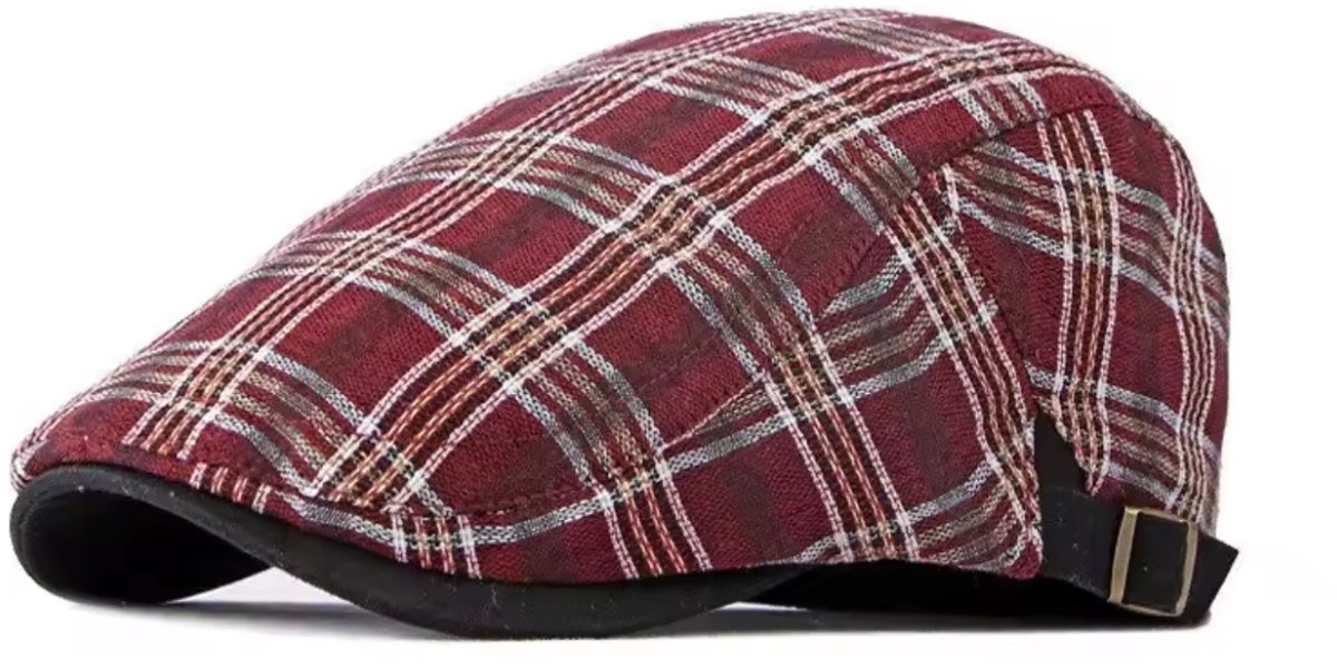 Winkrs - Flatcap rood met wit/zwarte geruit - Platte pet, klak pet, golfpetje - Verstelbaar - Zomerpet