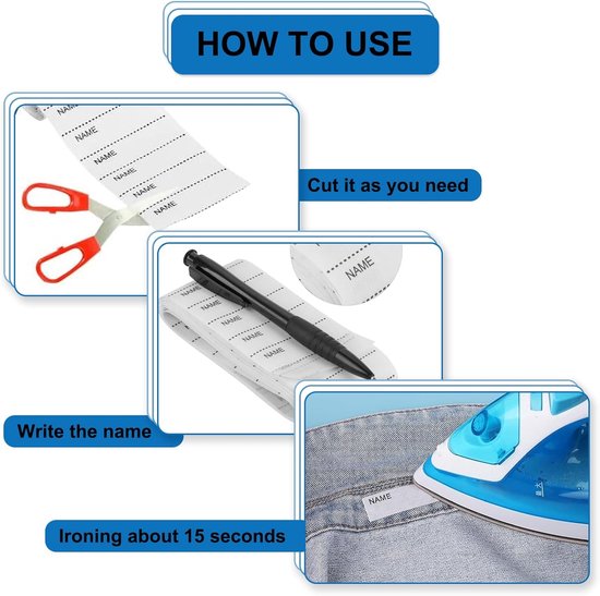 Instructies voor het gebruik van naamlabels: knippen, schrijven en strijken. Een rol met labels, een pen, schaar en een strijkijzer op een spijkerbroek.