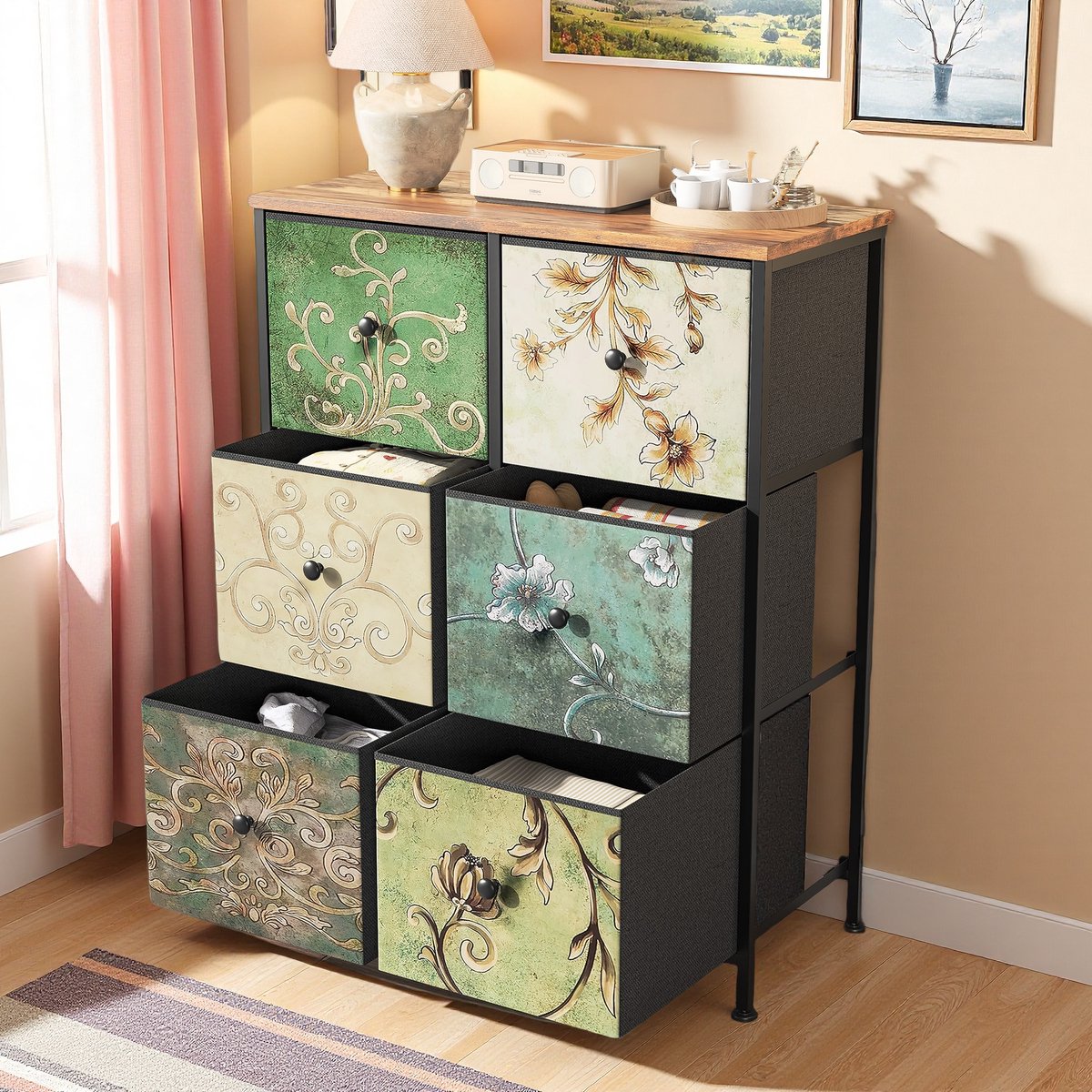 Vintage opbergkast 67,5x30x86,5 cm – schoenenkast & dressoir met 6 lades, retro patroon, multifunctioneel meubel