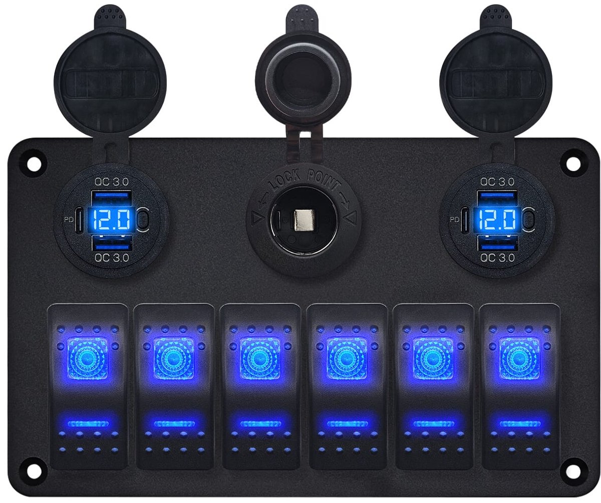 ProRide Schakelpaneel 12V voor Auto/Boot - USB C Stopcontact 6 Poorten met Schakelaar/Voltmeter - QC3.0 - 6 schakelaars + 12V/24V stopcontact - Blauw