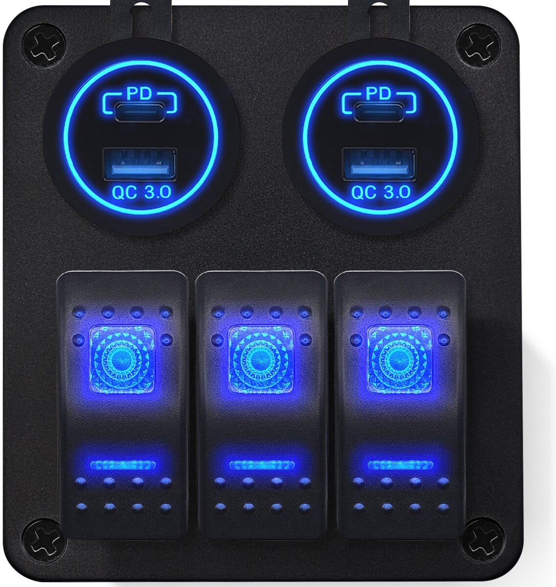 ProRide Schakelpaneel 12V voor Auto/Boot - USB/USB C Stopcontact 4 Poorten - QC3.0 - 3 schakelaars - Blauw