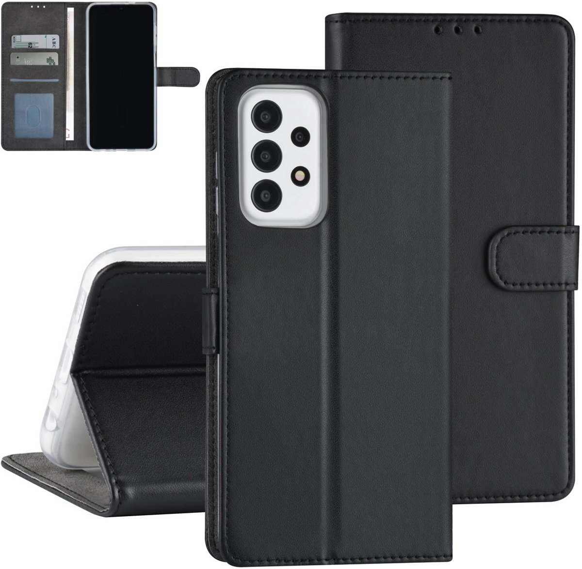 Merkloos Back Cover - Samsung Galaxy A23 - Zwart - Magneetsluiting - Voor 3 Pasjes