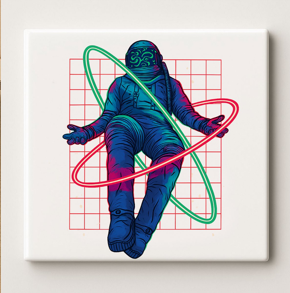 Nevolis Futuristische Astronaut Neon Kunsttegel – 15x15 cm Keramische Wanddecoratie voor Ruimtefans – Levendige Sci-Fi Woondecoratie Multi Color