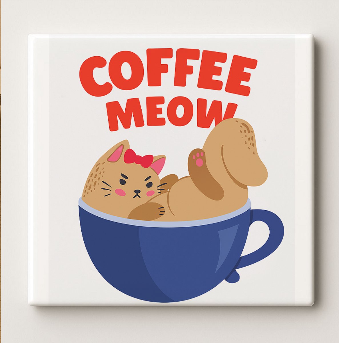 Nevolis Coffee Meow Keramische Tegel 15x15 cm – Schattig Katje in Koffiekop Ontwerp – Grappige Keukendecoratie Cadeau voor Katten- & Koffieliefhebbers Multi Color