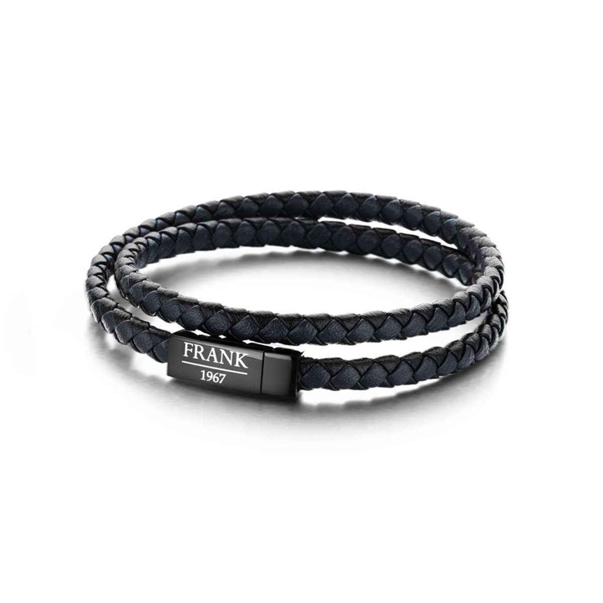 Frank 1967 7FB-0154 Heren Wikkelarmband met Staal Element - Gevlochten Leer en Dubbel Gewikkeld - Maat M - Donkerblauw - Zwart