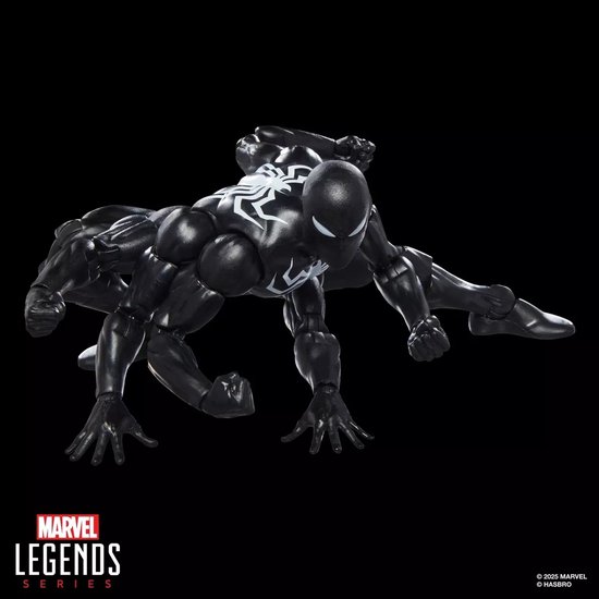 Marvel Legends Dark Avengers Spider-Man actiefiguur, zwart met wit spinnenlogo en zes extra armen, in aanvalspositie.