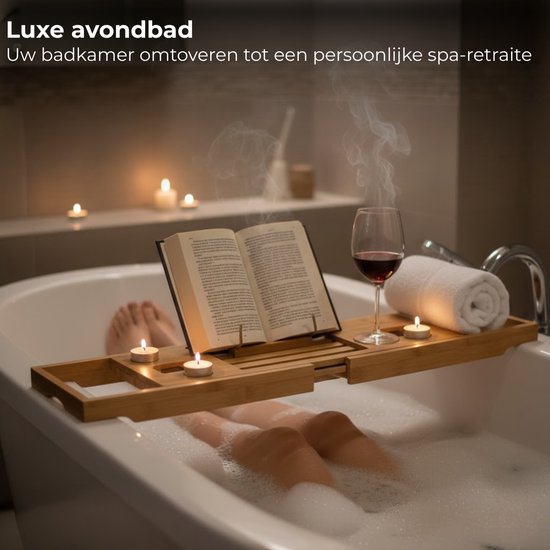Bambüsi Bamboo Bathtub Caddy Tray - Wood Bath Tray Expandable With Book And Wine