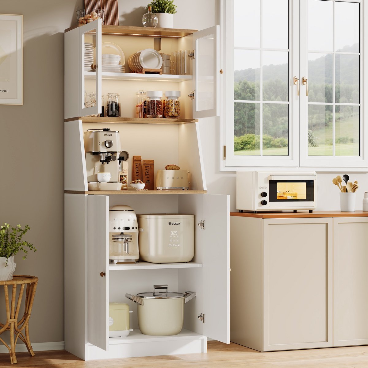 Keukenkast, dressoir met LED-verlichting, buffetkast, met 4 deuren, glazen deur, groot bureaublad en opbergruimte, keuken, woonkamer, eetkamer, 180x70x40CM, wit