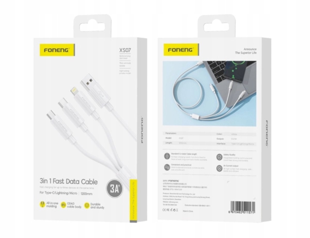 Foneng XS07 3-in-1 Kabel: USB-C, Lightning, Micro | 3A, 1,2M, Wit
