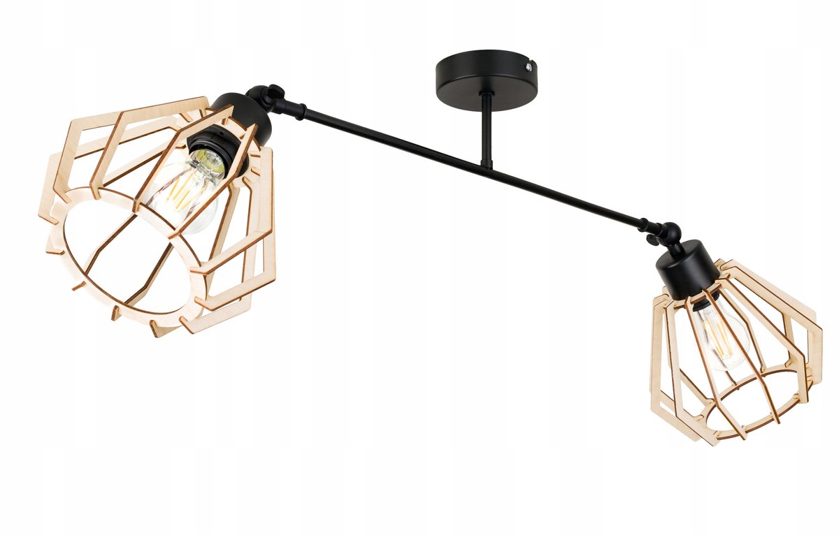 Hanglamp Loft E27 Metaal Hout Verstelbaar 2 Lampen Zwart
