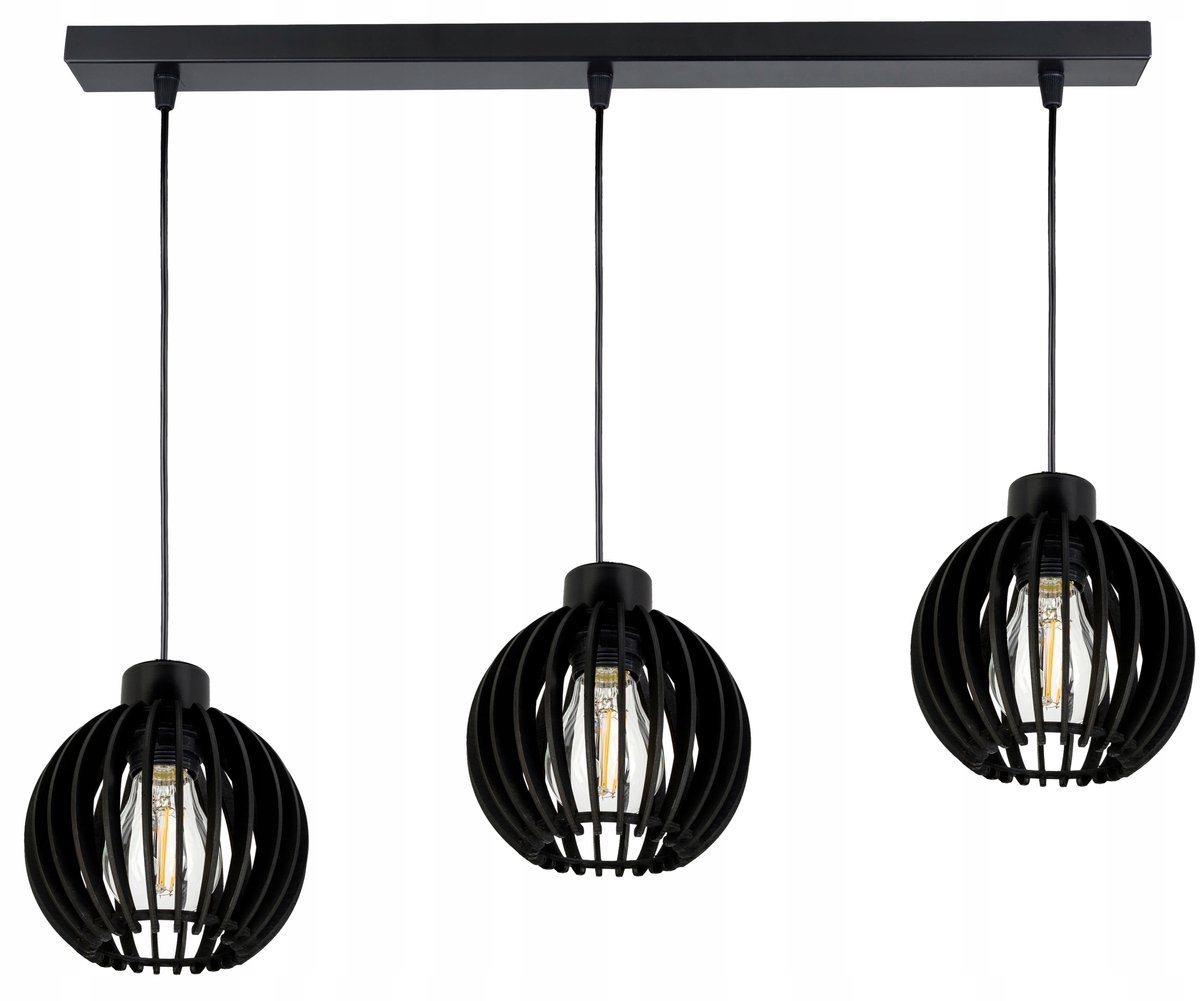 Zwarte hanglamp met houten kap, E27, 3 lichtpunten, loftstijl