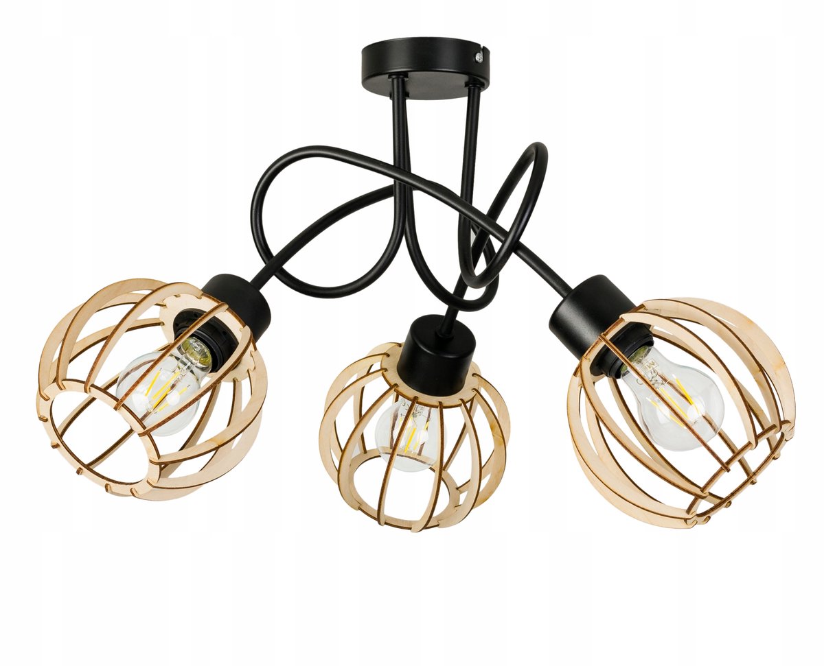 Hanglamp Loft met 3 Houten Kappen - Zwart/Beige - E27
