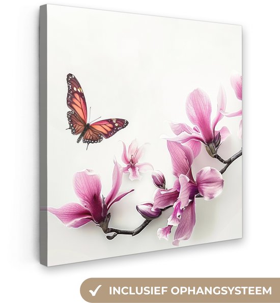 Canvas schilderij 20x20 cm - Wanddecoratie badkamer Bloesem - Vlinder - Roze - Natuur - Wit - Muurdecoratie WC - Decoratieve accessoires - Toilet muur decoratie - Schilderijen op canvas