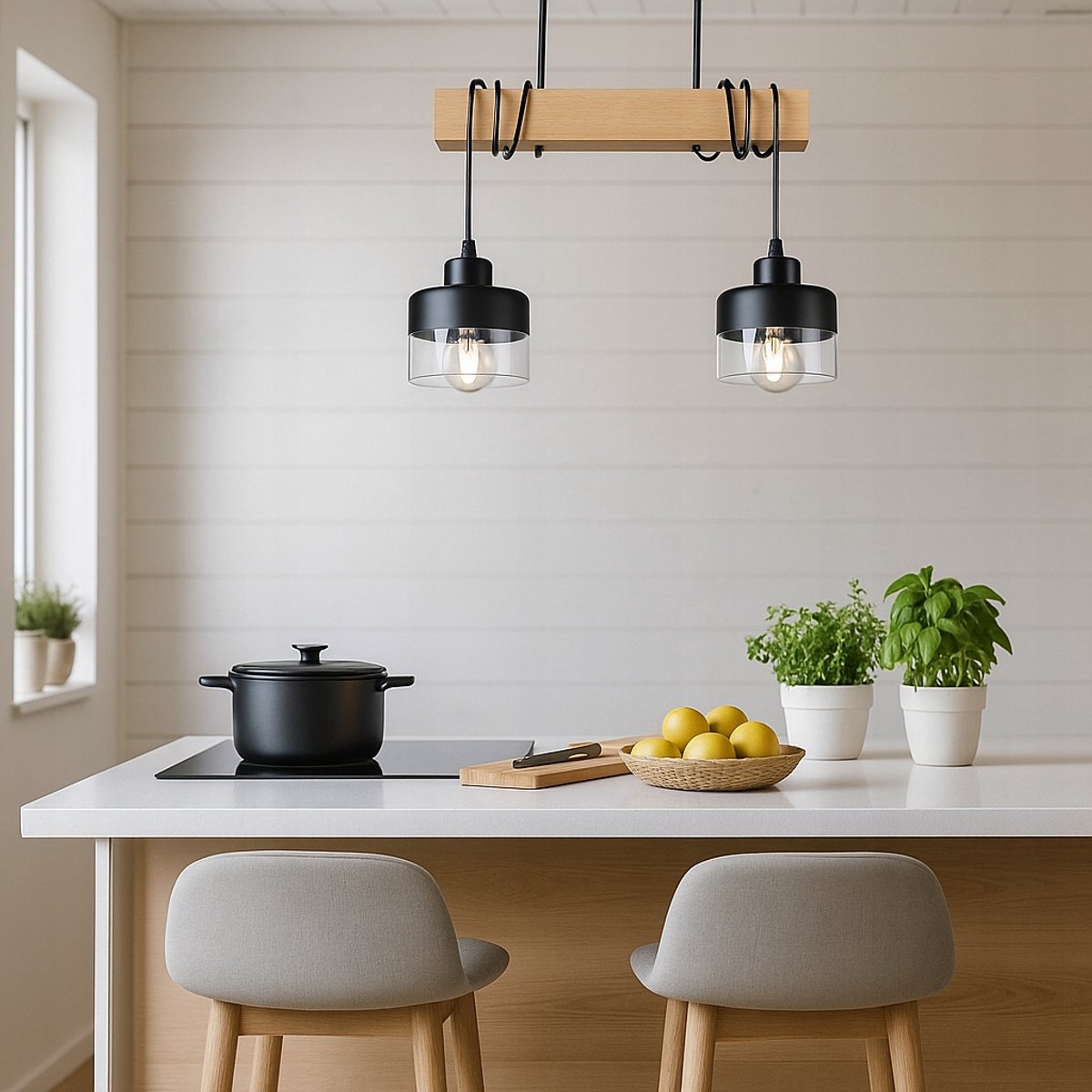 Hanglamp E27 Zwart Hout Glas 40cm - 2x Lichtpunt