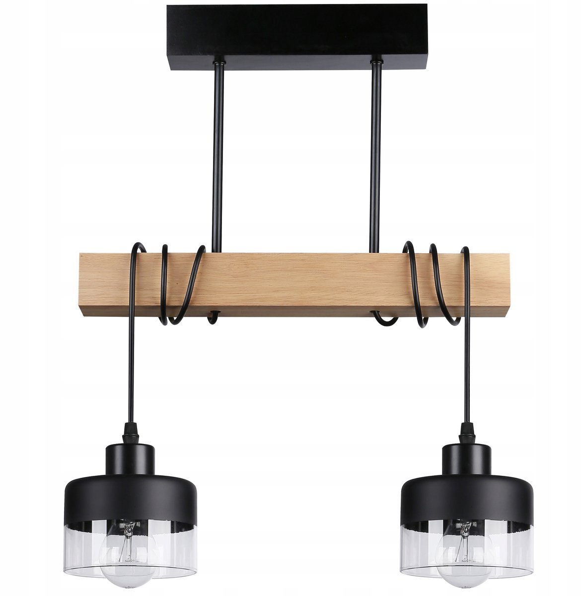 Hanglamp Loft met Hout & Glas, 2x E27 Fitting, Zwart