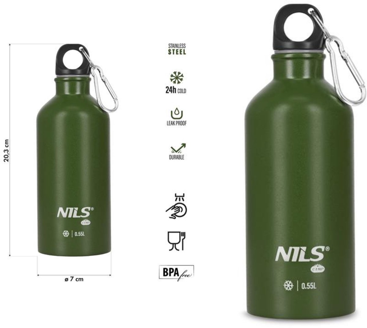 NILS CAMP Thermosfles Groen 550ml - 24u Koel, 100% Lekvrij