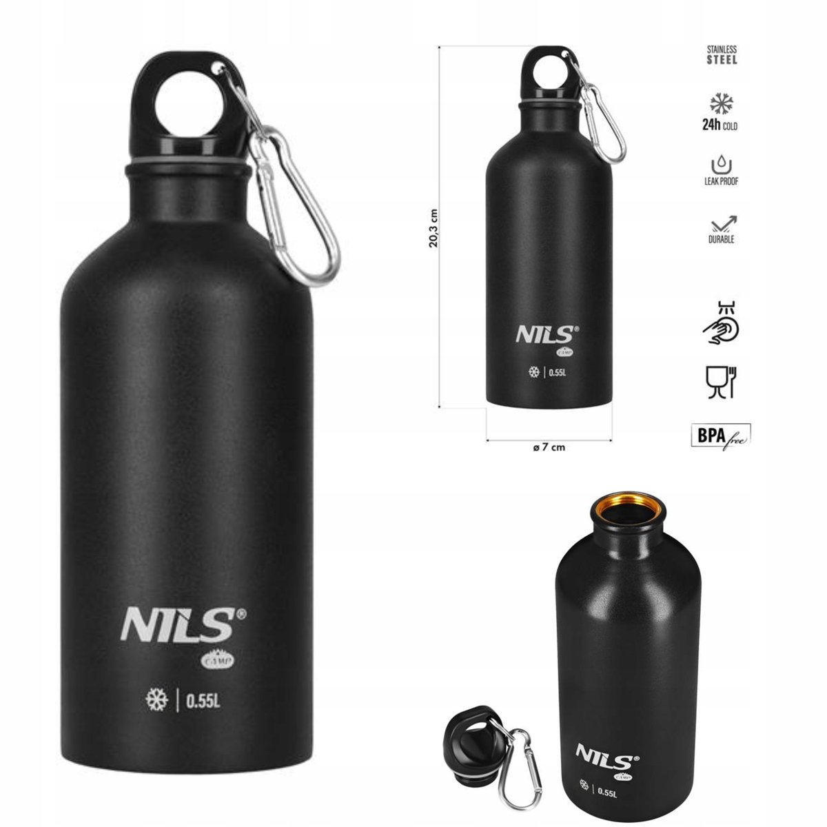Nils Camp Thermosfles Zwart 550ml - RVS, 24u Koel, Lekvrij