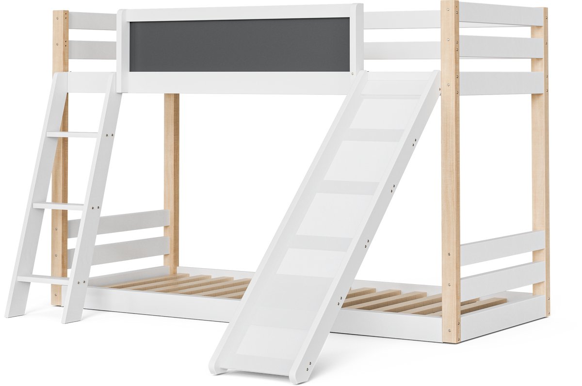 Merax Stapelbed voor Kinderen - 90x200cm - Houten Bed met Trap en Glijbaan - Veilig 4-Zijdig Heekwerk - Milieuvriendelijk Gecertificeerd - Wit