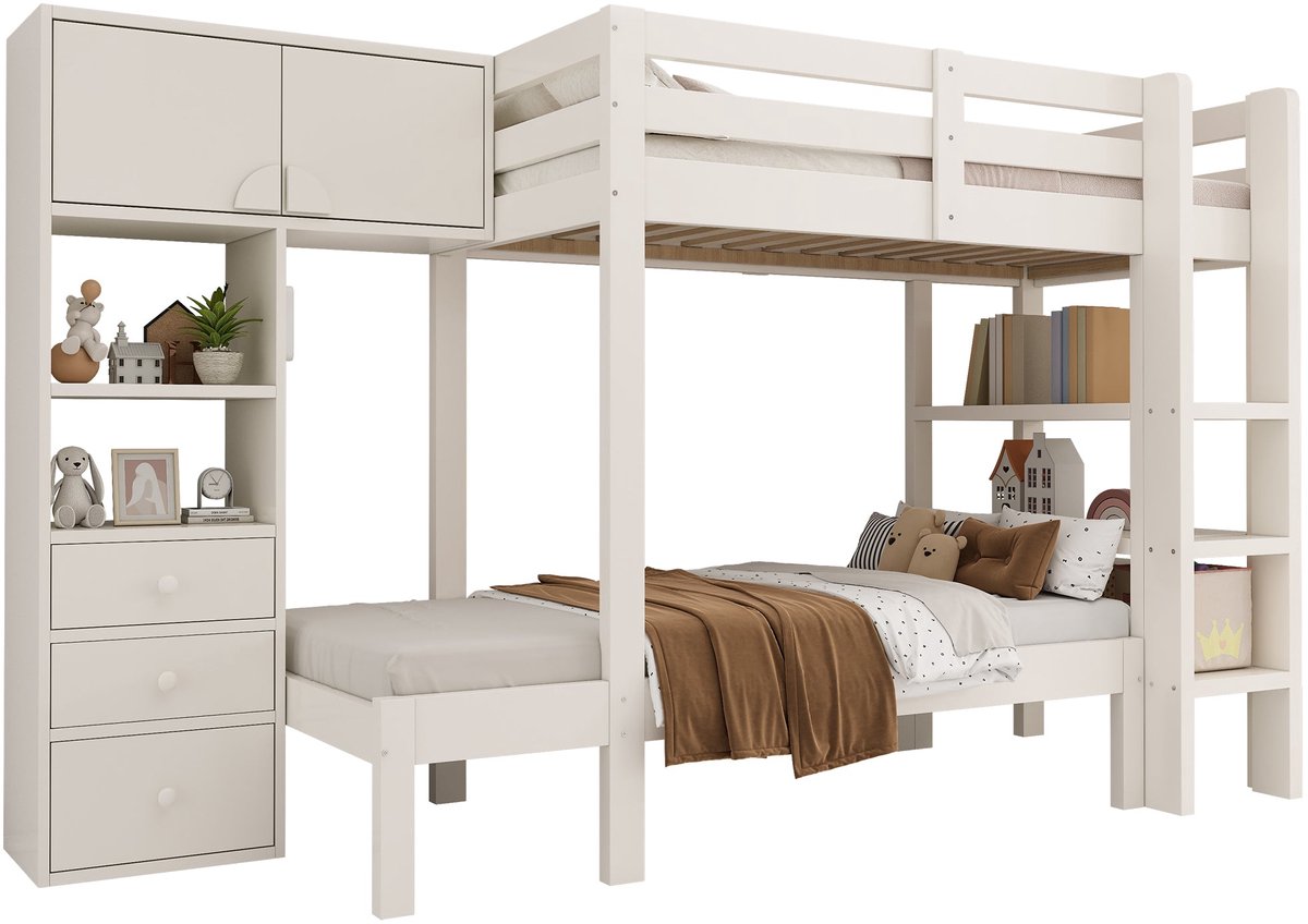 Merax Kinder Stapelbed - 90x200cm - Met Nachtlicht Bewegingssensor - Kast Schappen en Lades - Veilig EN747-1:2024 - Wit