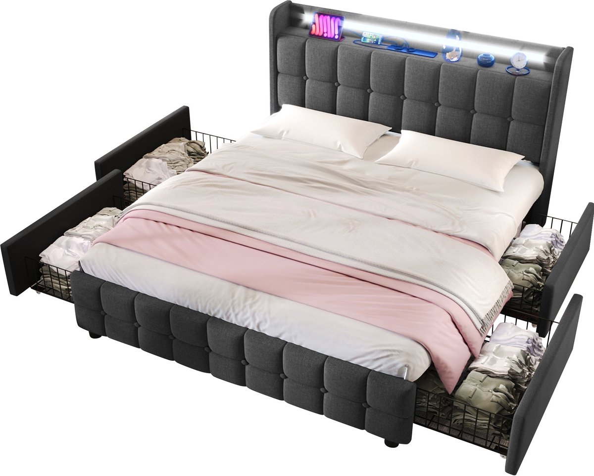 Merax Gestoffeerd Bed 180x200 cm - Bed met Opbergruimte - USB & Stopcontacten in Hoofdbord - LED Verlichting met Afstandsbediening - 4 Lades - Houten Lattenbodem - Grijs - Zonder Matras