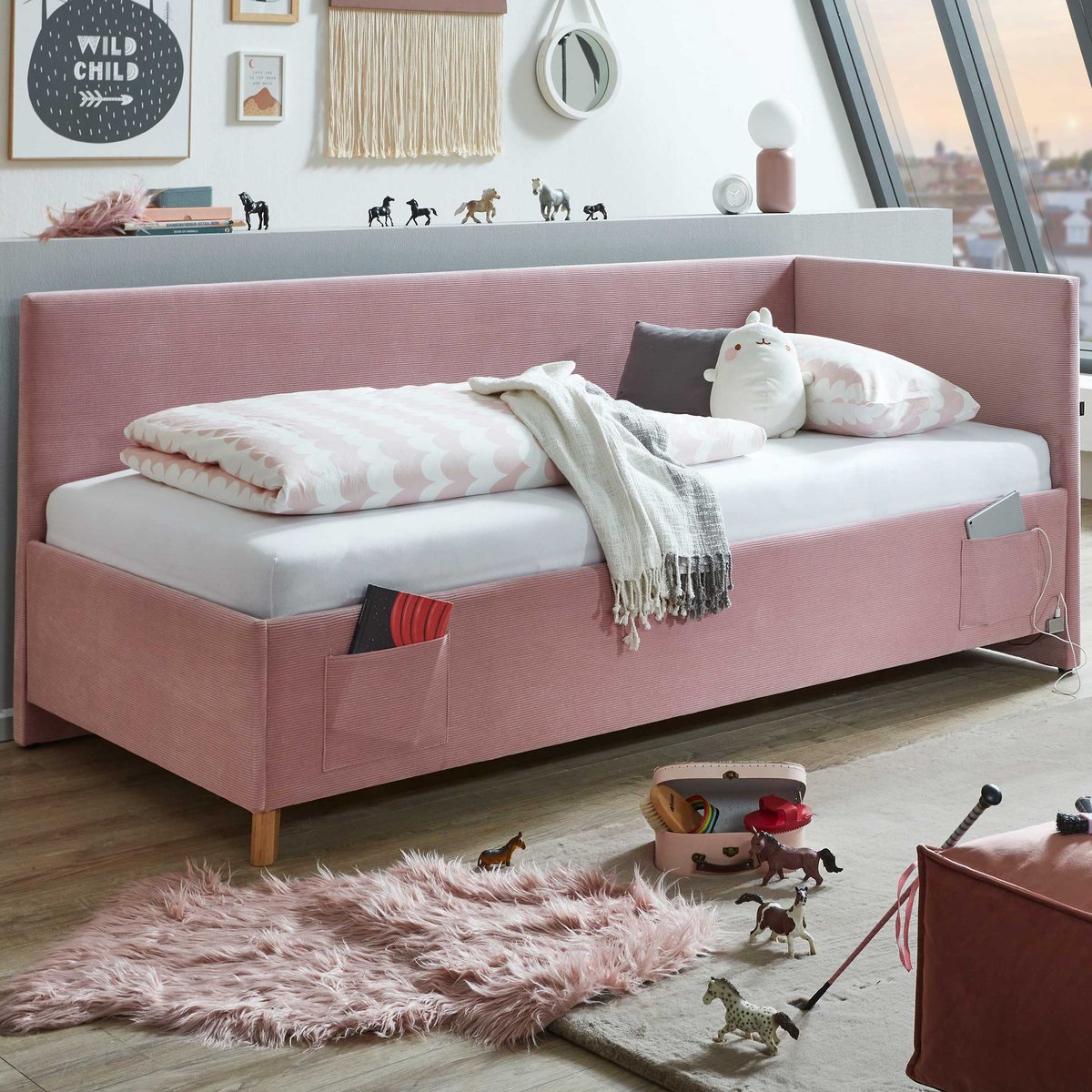 Eenpersoonsbed Cool | Met Rugleuning | 90 X 200 Cm | Roze Design - Meise - Eenpersoons Gestoffeerd Bed - Roze - Stof Eenpersoons Normaal Bed