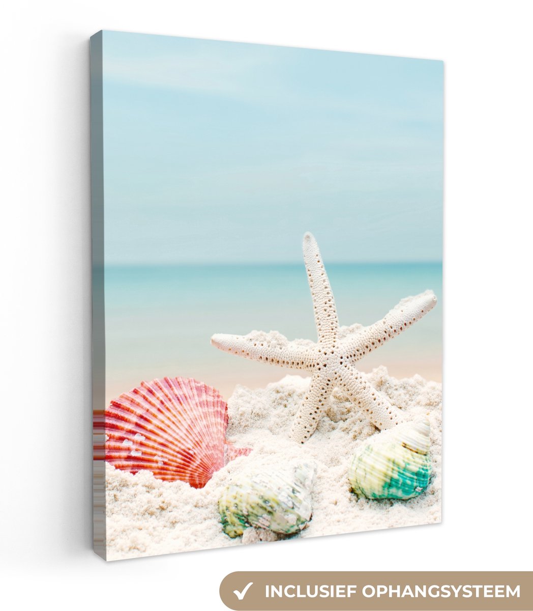 Canvas schilderij 30x40 cm - Wanddecoratie badkamer Strand - Zeester - Schelpen - Zee - Mu