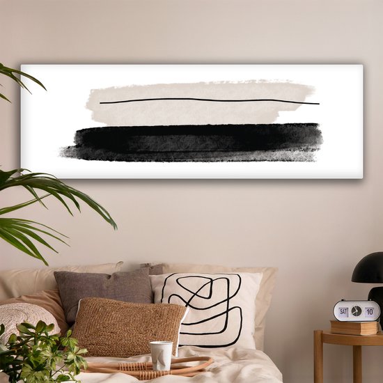 Canvas schilderij 180x60 cm - Wanddecoratie Abstract - Lijnen - Zwart - Beige - Kunst - Muurdecoratie woonkamer - Slaapkamer decoratie - Kamer accessoires - Schilderijen op canvas