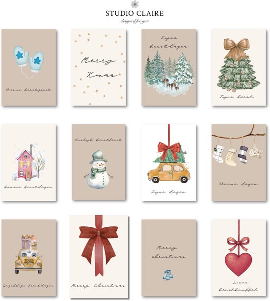 12x hippe gekleurde kerstkaarten (A6 formaat) - kerst kaarten om te versturen - kaartenset - kaartjes blanco - kaartjes met tekst - luxe kerstkaarten - feestdagenkaarten - kerstkaart - wenskaarten - gevouwen kaarten